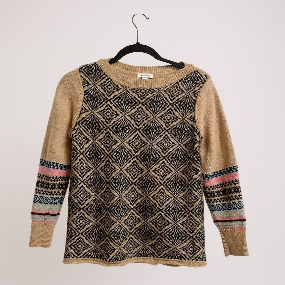Sundance Tan Diamond Pattern Knit Sweater‎ Women's Size M Fair Isle Sleeve